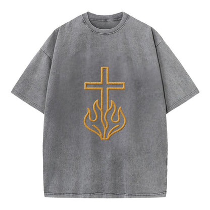 Burning Bush Cross  - Vintage T-shirt - Grey