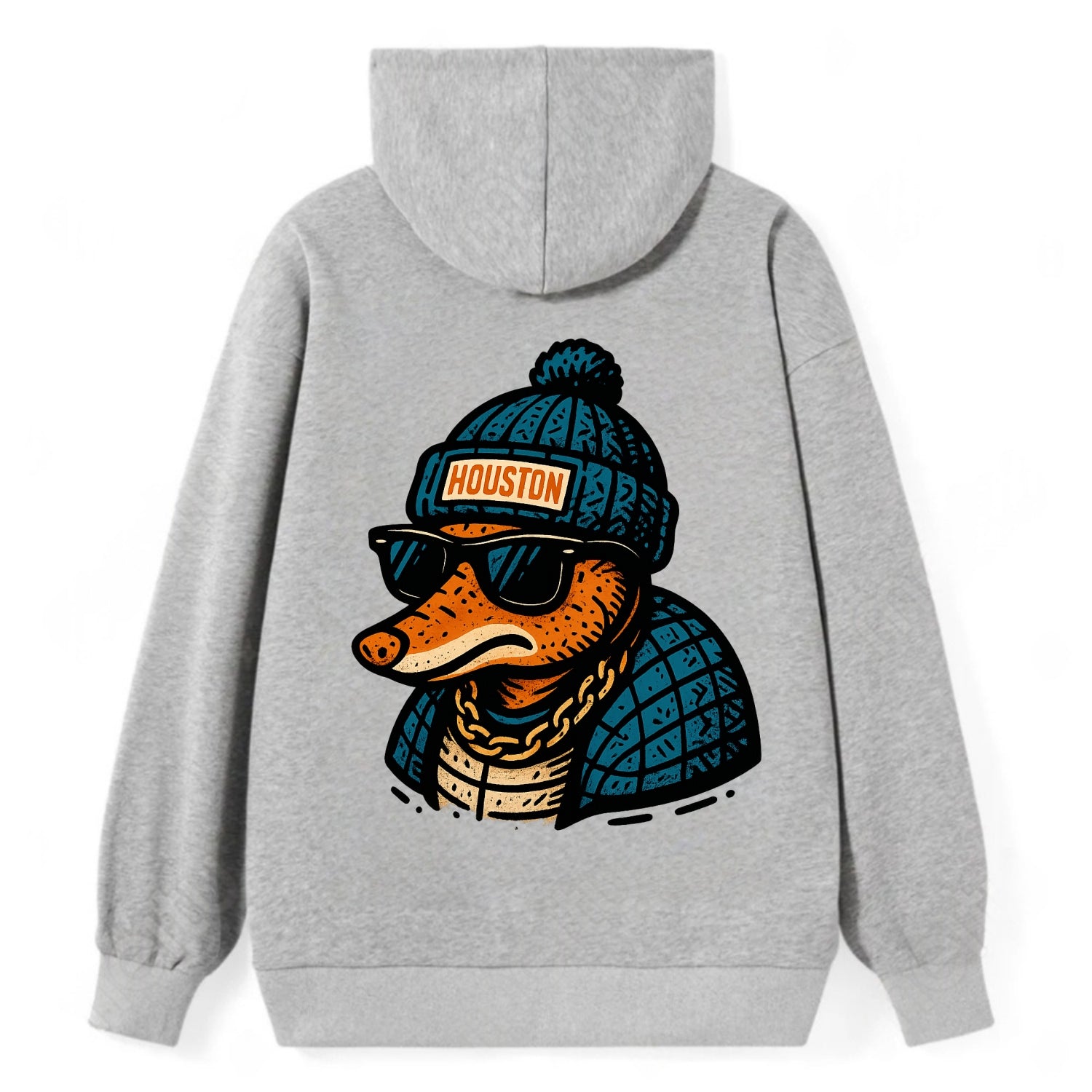 Houston Armadillo wearing Houston beanie with pom pom and wayfarer - Classic Pullover Hoodie - Grey