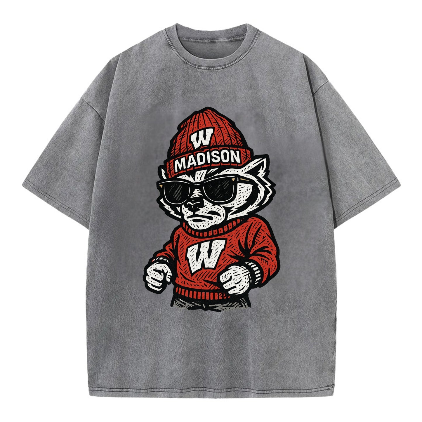 Madison Badger wearing Wisconsin beanie with motion W patch - Vintage T-shirt - Grey