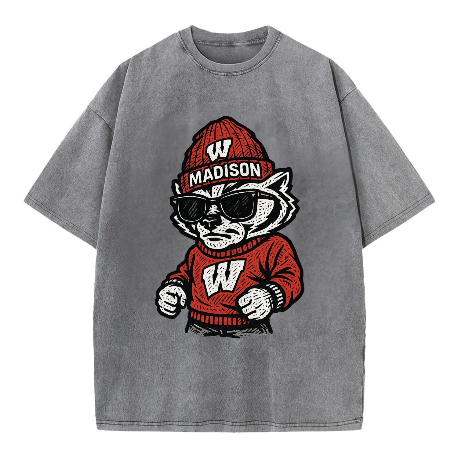 Madison Badger wearing Wisconsin beanie with motion W patch - Vintage T-shirt - Grey