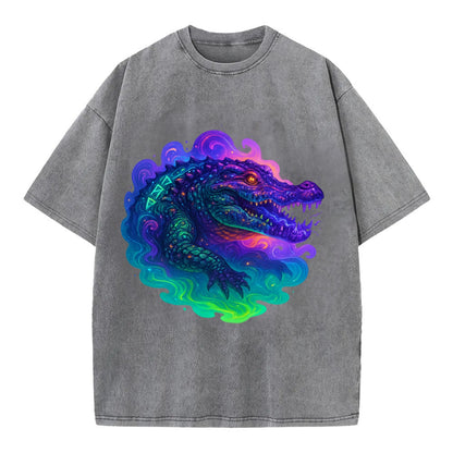 Primordial crocodile with scales pulsing plasma energy in green and purple, - Vintage T-shirt - Grey