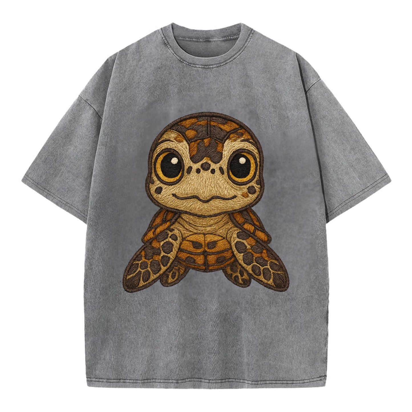 Baby Hawksbill Turtle - amber and brown shell pattern, curious golden eyes, - Vintage T-shirt - Grey