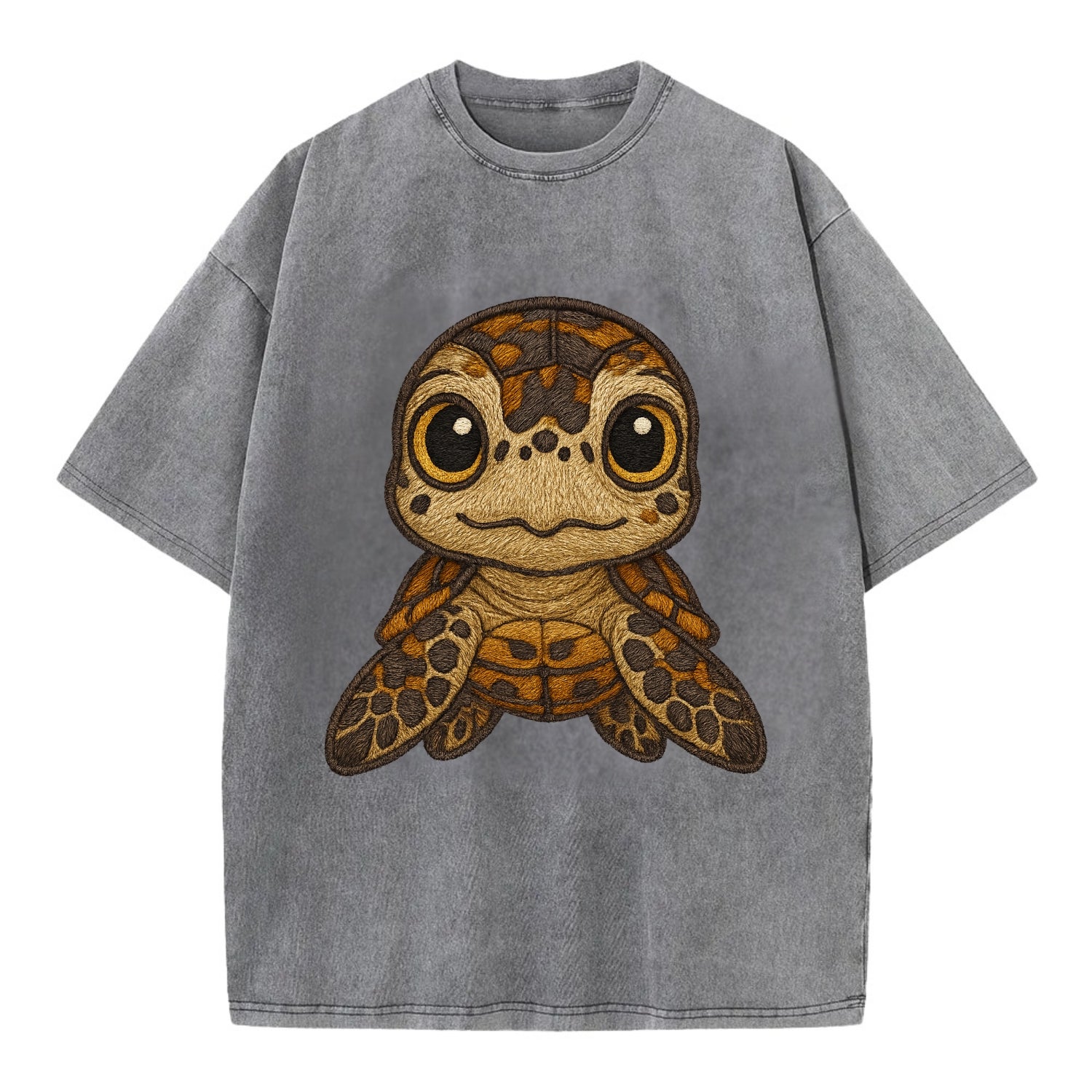 Baby Hawksbill Turtle - amber and brown shell pattern, curious golden eyes, - Vintage T-shirt - Grey