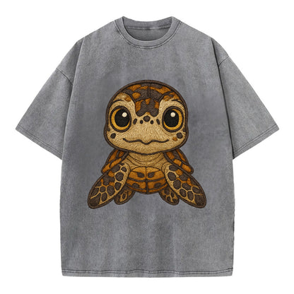 Baby Hawksbill Turtle - amber and brown shell pattern, curious golden eyes, - Vintage T-shirt - Grey