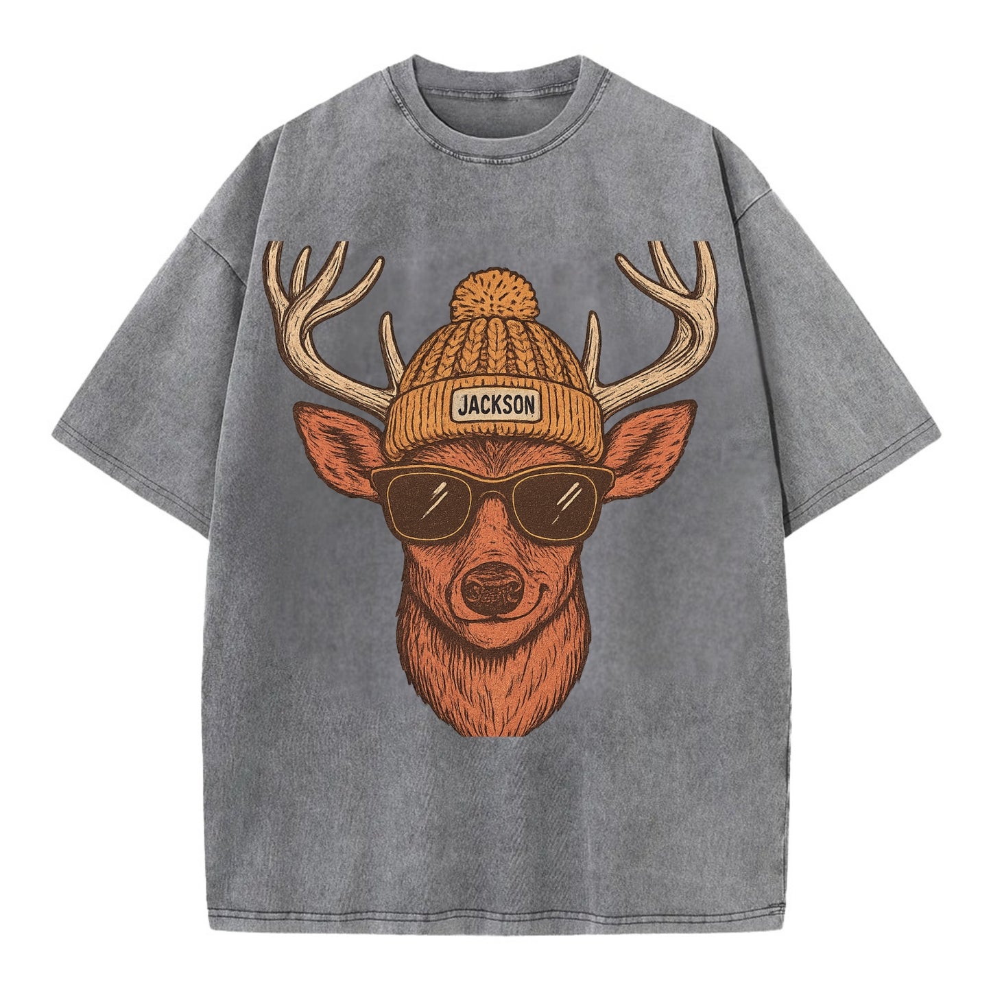 Mississippi White-tailed Deer wearing Jackson beanie with pom pom and wayfarer - Vintage T-shirt - Grey