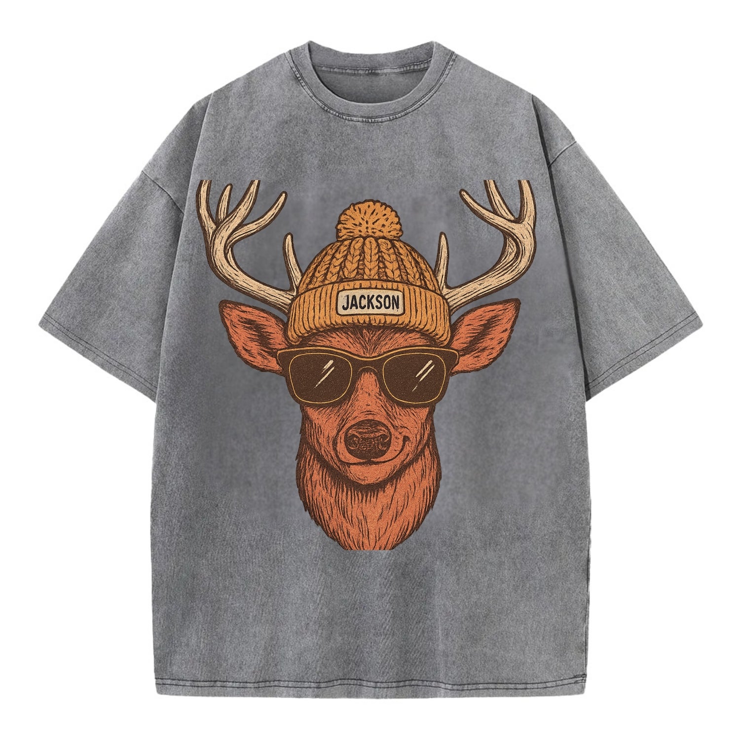Mississippi White-tailed Deer wearing Jackson beanie with pom pom and wayfarer - Vintage T-shirt - Grey