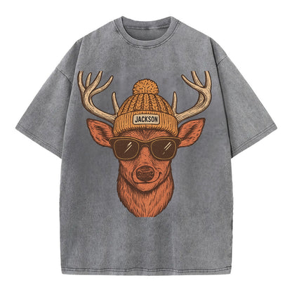 Mississippi White-tailed Deer wearing Jackson beanie with pom pom and wayfarer - Vintage T-shirt - Grey