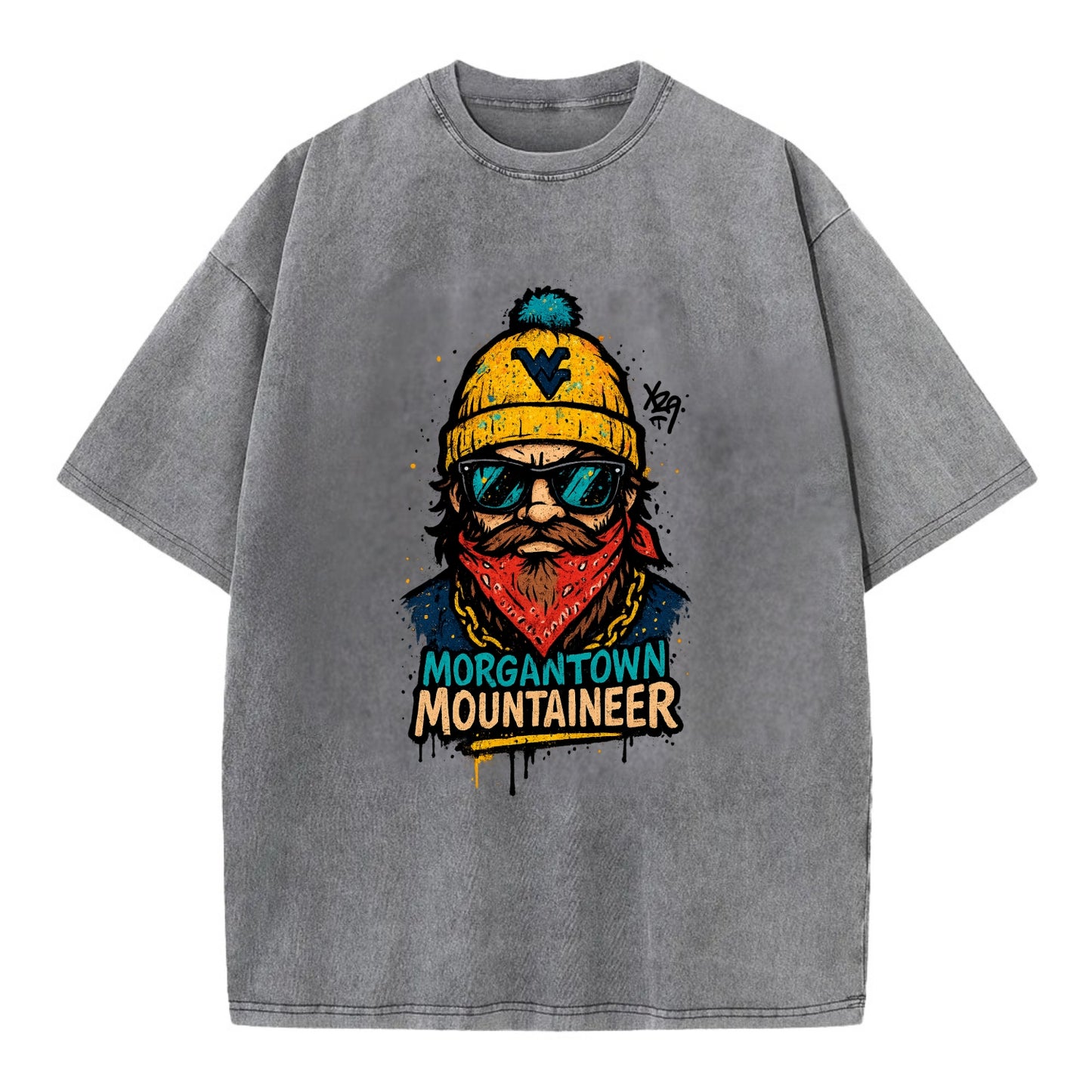 Morgantown Mountaineer wearing West Virginia beanie with WV patch - Vintage T-shirt - Grey