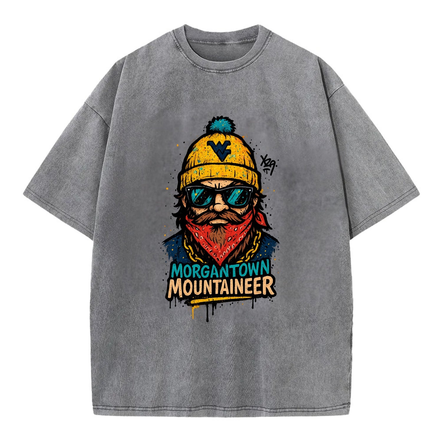 Morgantown Mountaineer wearing West Virginia beanie with WV patch - Vintage T-shirt - Grey