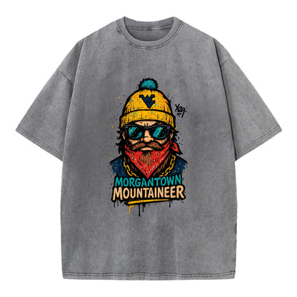 Morgantown Mountaineer wearing West Virginia beanie with WV patch - Vintage T-shirt - Grey