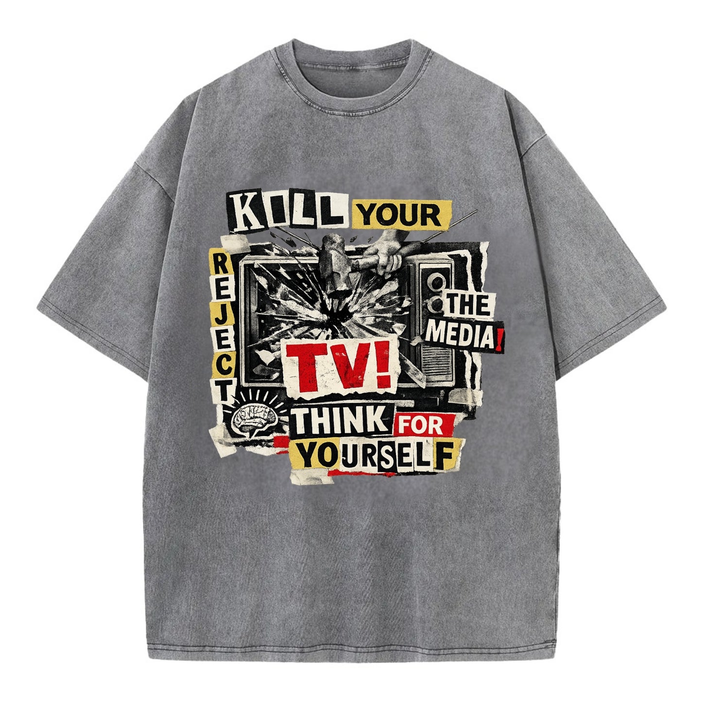 KILL YOUR TV | Smashed television | Reject media | Think for yourself | Analog - Vintage T-shirt - Grey