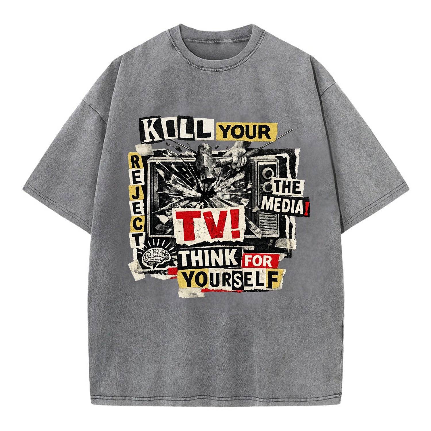 KILL YOUR TV | Smashed television | Reject media | Think for yourself | Analog - Vintage T-shirt - Grey