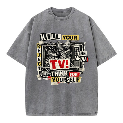 KILL YOUR TV | Smashed television | Reject media | Think for yourself | Analog - Vintage T-shirt - Grey