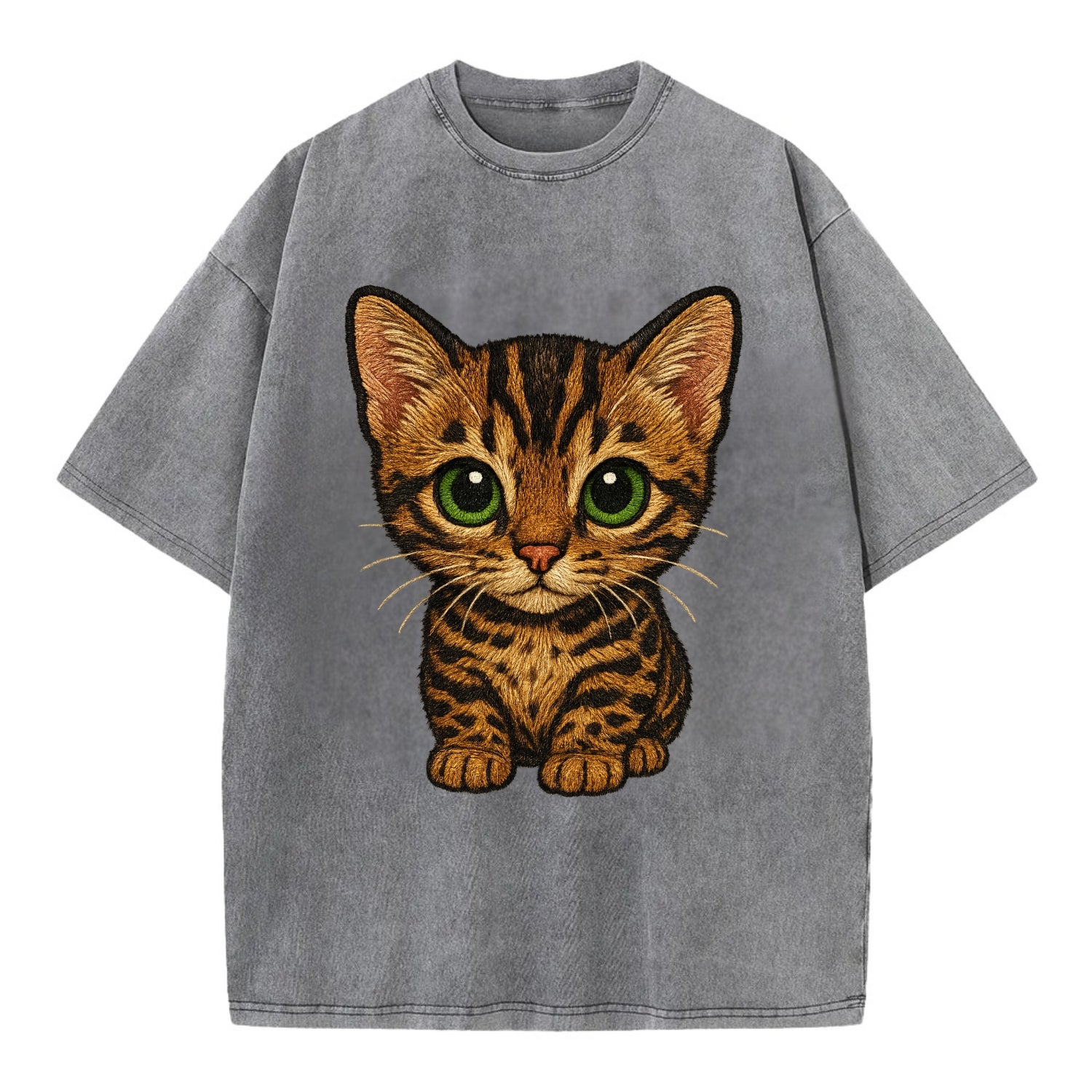 Baby Bengal Kitten - spotted/marbled wild coat, green eyes, athletic build, - Vintage T-shirt - Grey