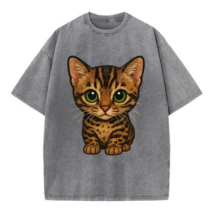 Baby Bengal Kitten - spotted/marbled wild coat, green eyes, athletic build, - Vintage T-shirt - Grey