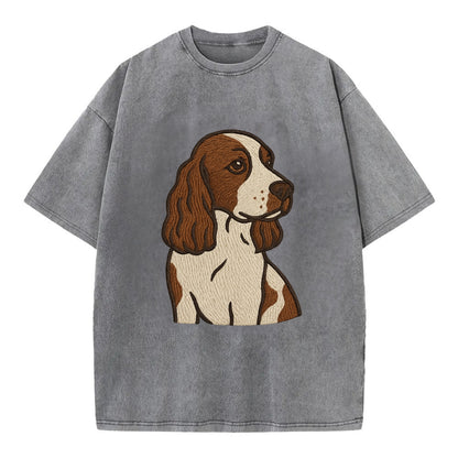 English Cocker Spaniel - Liver and white embroidered design - Vintage T-shirt - Grey