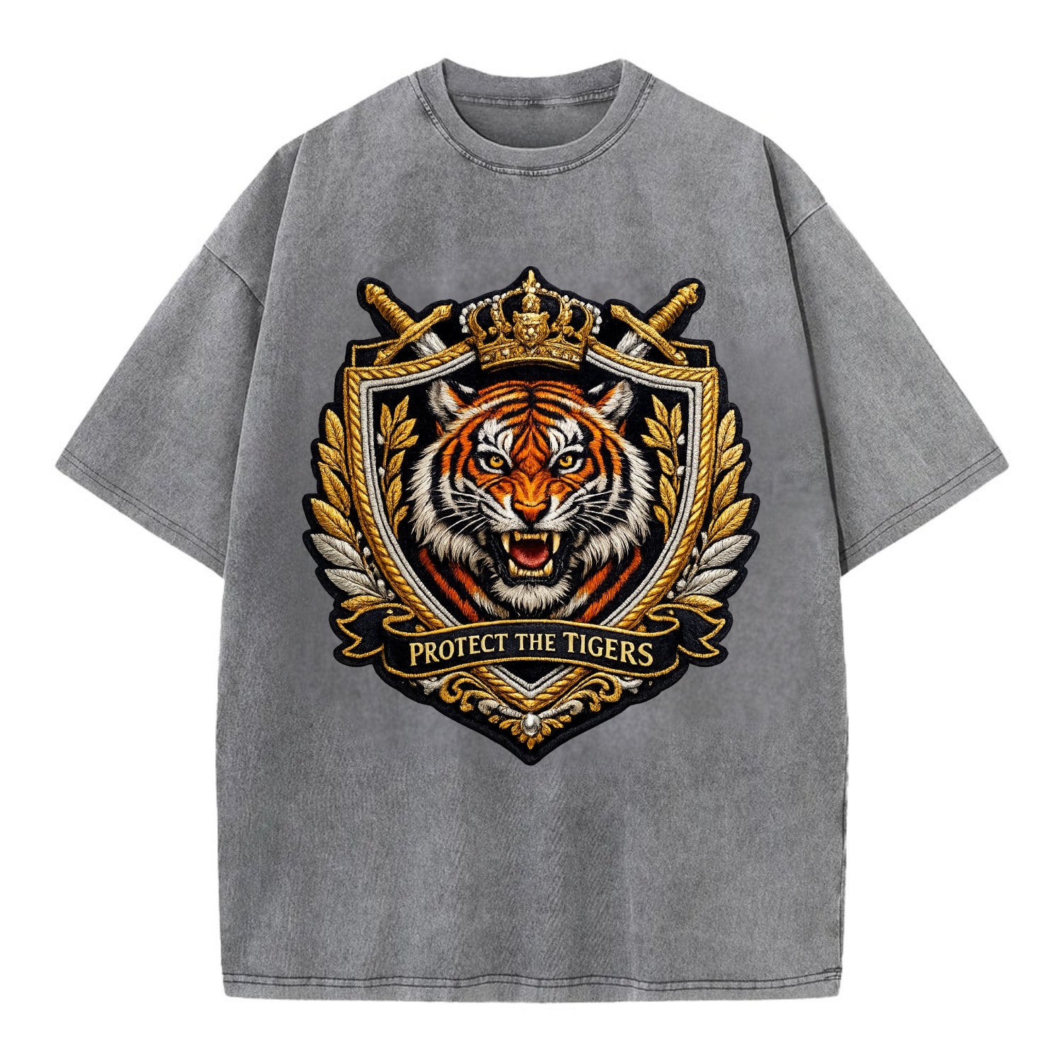 PROTECT THE TIGERS - tiger with shield in orange , big cat conservation - Vintage T-shirt - Grey