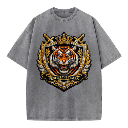 PROTECT THE TIGERS - tiger with shield in orange , big cat conservation - Vintage T-shirt - Grey
