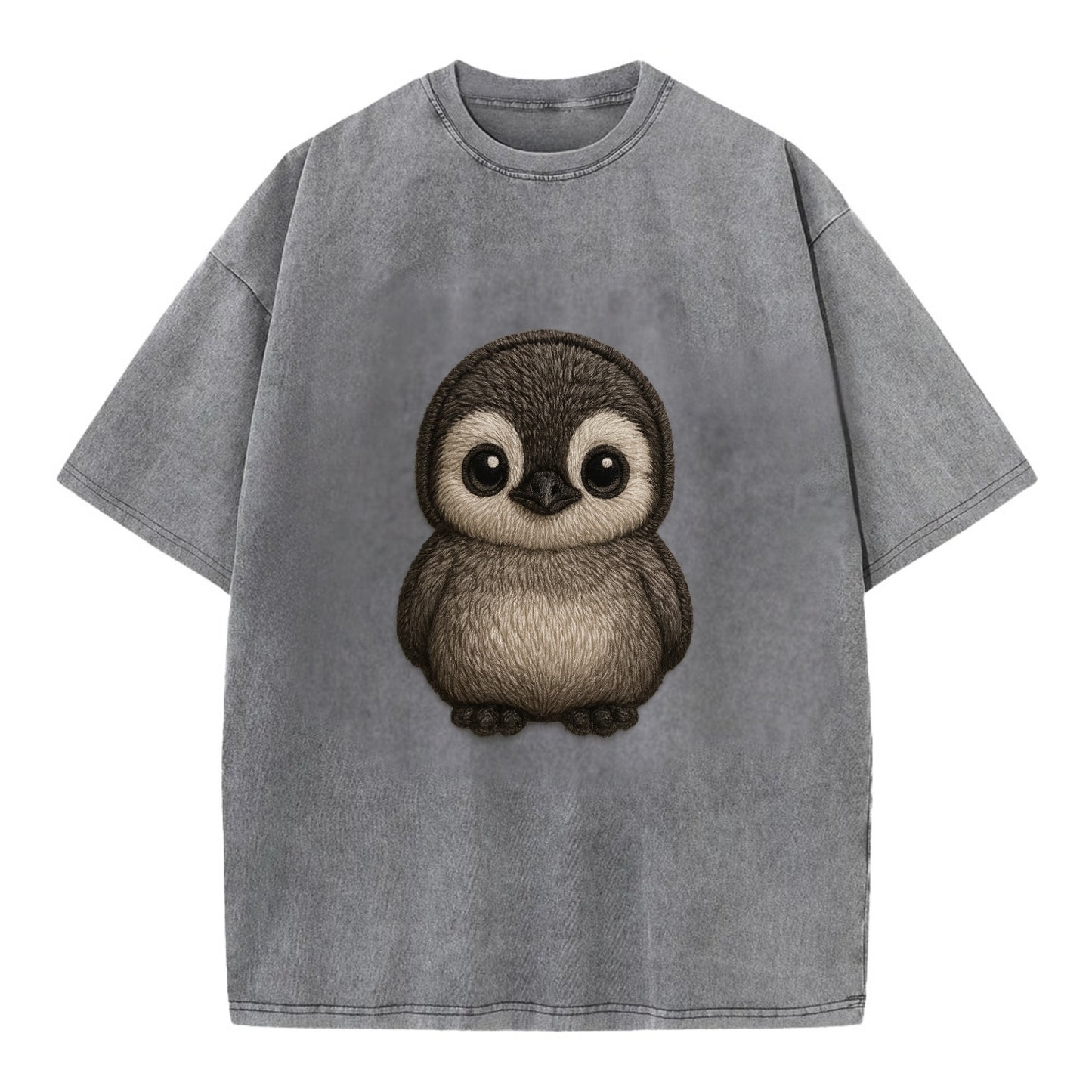Baby Penguin Chick - gray fluffy, white face, round body, front-facing, tuxedo - Vintage T-shirt - Grey