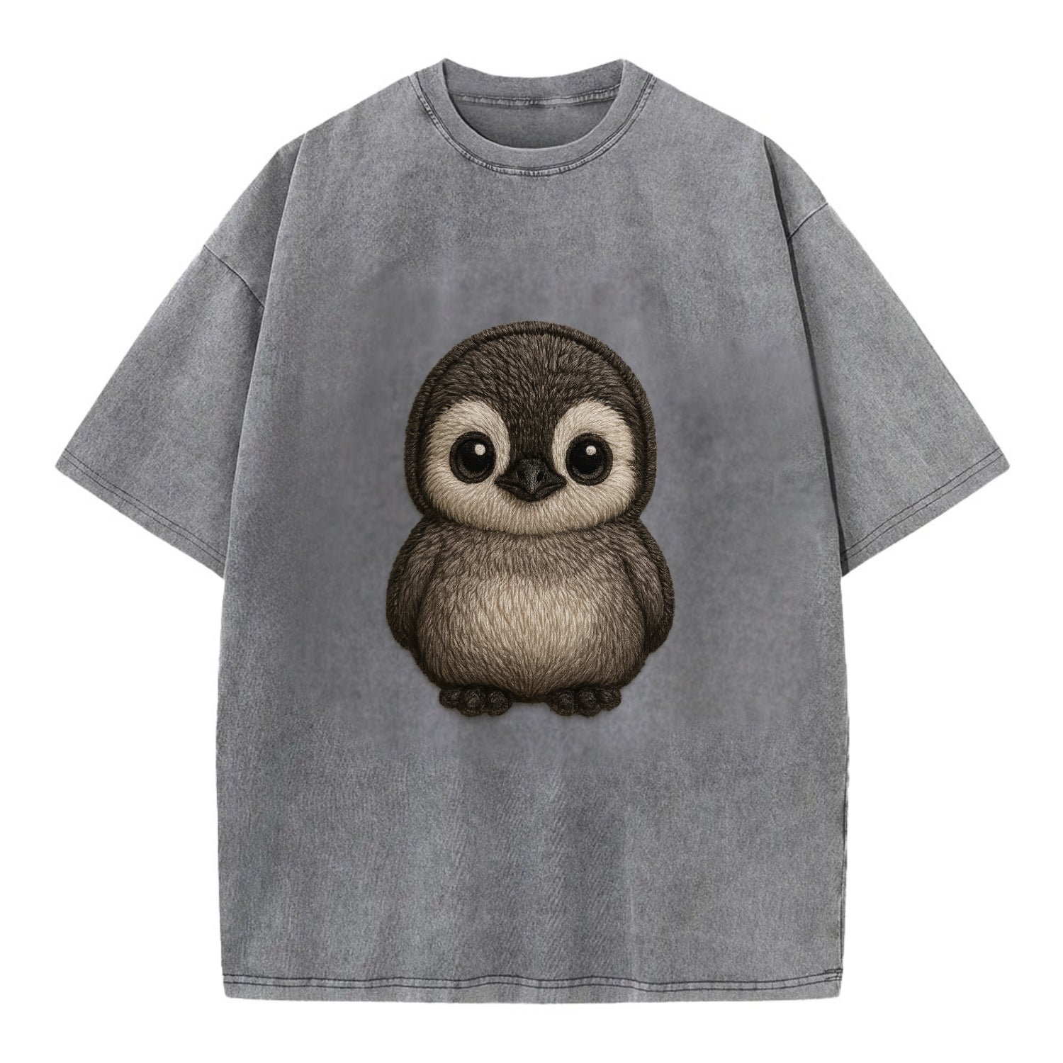 Baby Penguin Chick - gray fluffy, white face, round body, front-facing, tuxedo - Vintage T-shirt - Grey