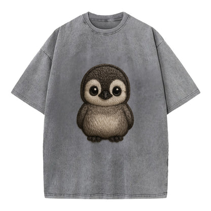 Baby Penguin Chick - gray fluffy, white face, round body, front-facing, tuxedo - Vintage T-shirt - Grey