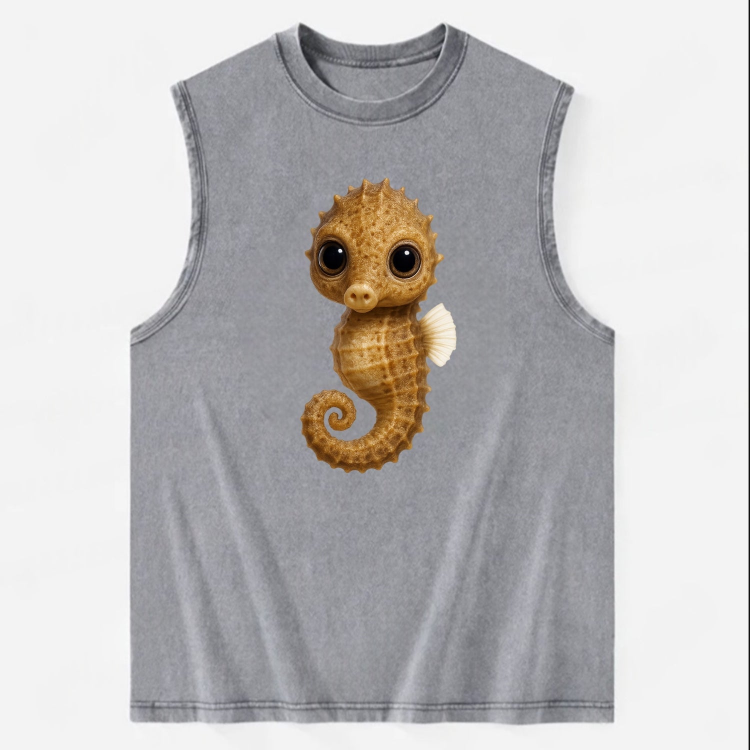 Baby Seahorse - curled tail, snout, large eyes, front-facing, delicate and - Vintage Washed Tank - Grey
