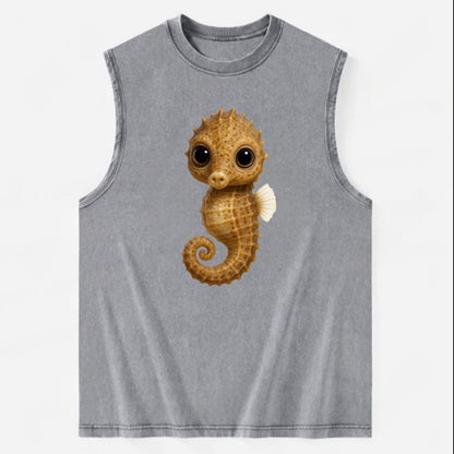 Baby Seahorse - curled tail, snout, large eyes, front-facing, delicate and - Vintage Washed Tank - Grey