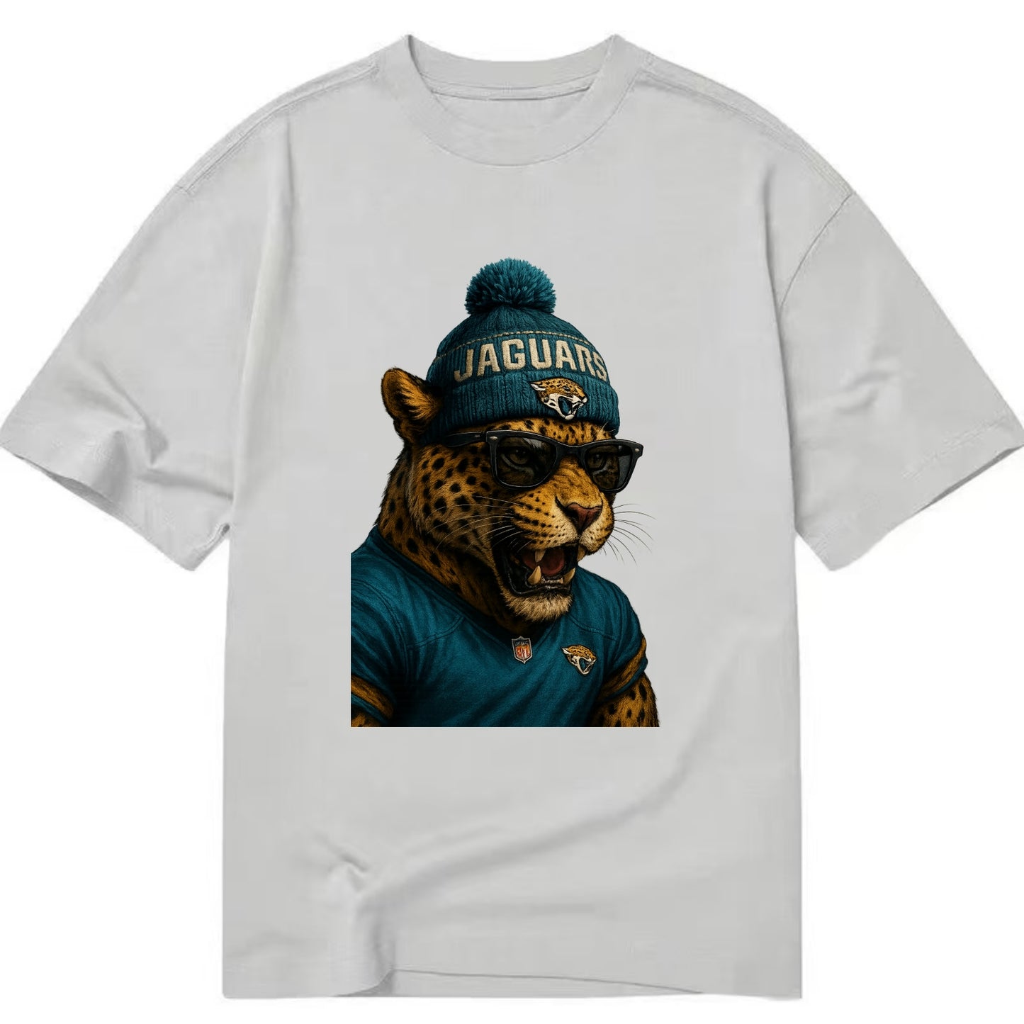 Jacksonville Jaguar wearing Jaguars teal and gold beanie with pom pom and - Classic T-shirt - Grey