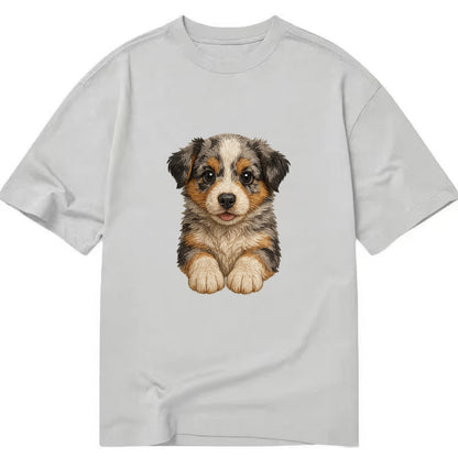 Baby Australian Shepherd Puppy - merle coat, bright eyes, fluffy, front-facing, - Classic T-shirt - Grey
