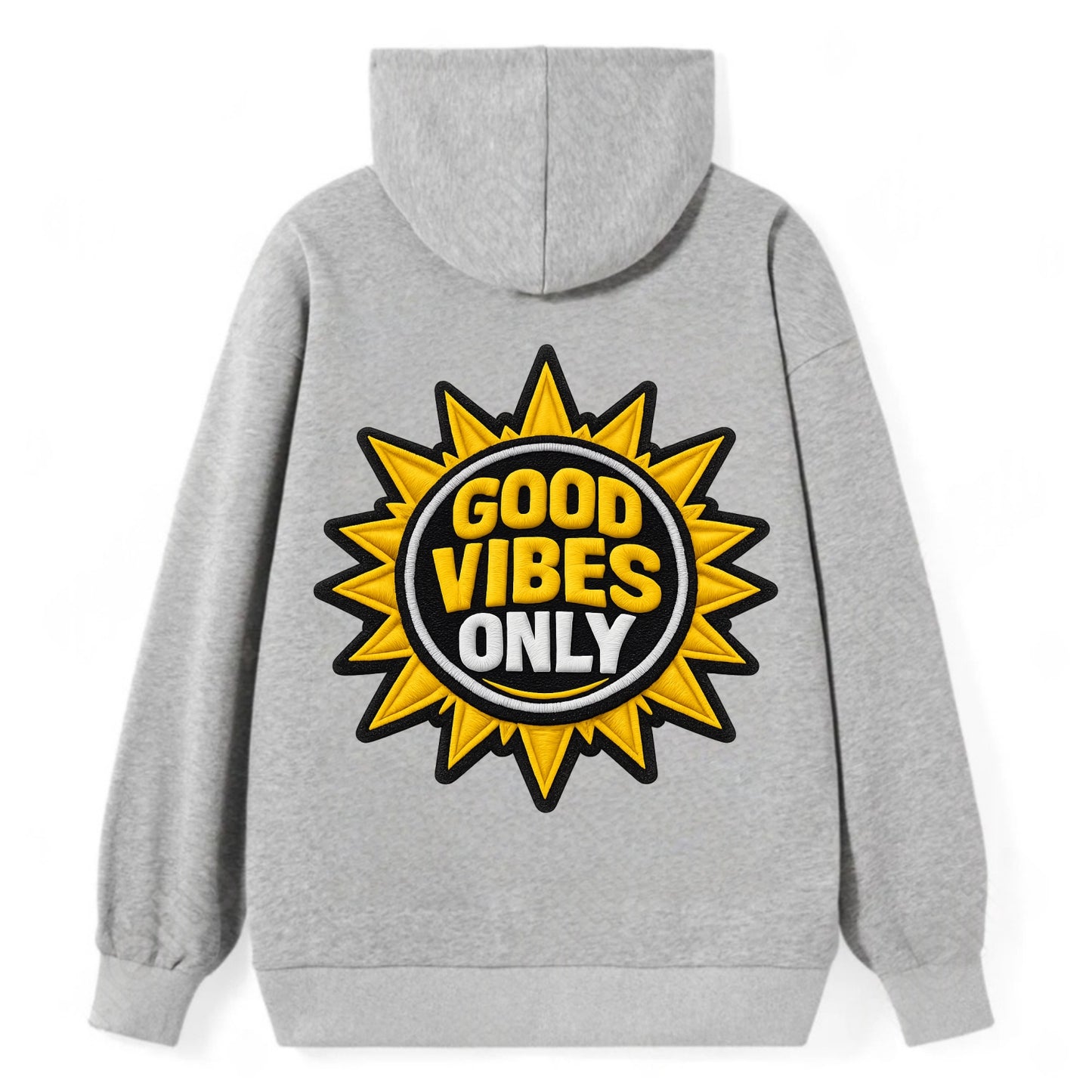 GOOD VIBES ONLY - sun with text in yellow , positive energy - Classic Pullover Hoodie - Grey