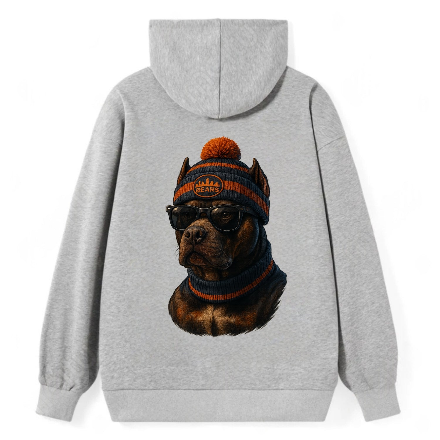 Chicago Pitbull wearing Bears beanie with skyline patch and wayfarer - Classic Pullover Hoodie - Grey