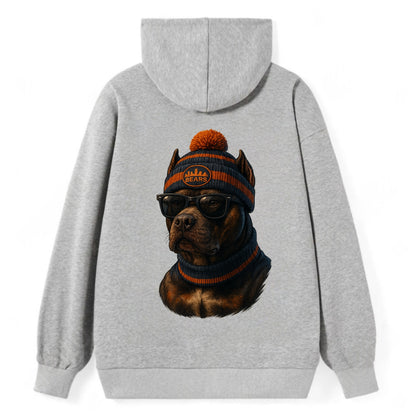 Chicago Pitbull wearing Bears beanie with skyline patch and wayfarer - Classic Pullover Hoodie - Grey