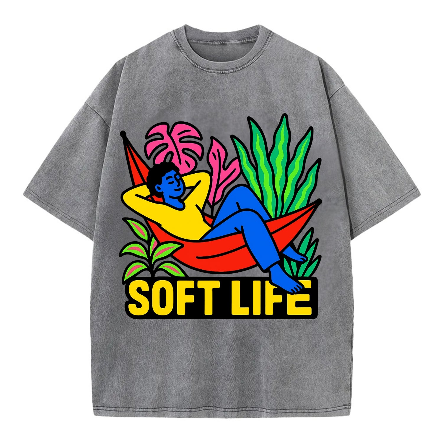 Person relaxing in hammock with plants - "soft life" aesthetic, peaceful living - Vintage T-shirt - Grey