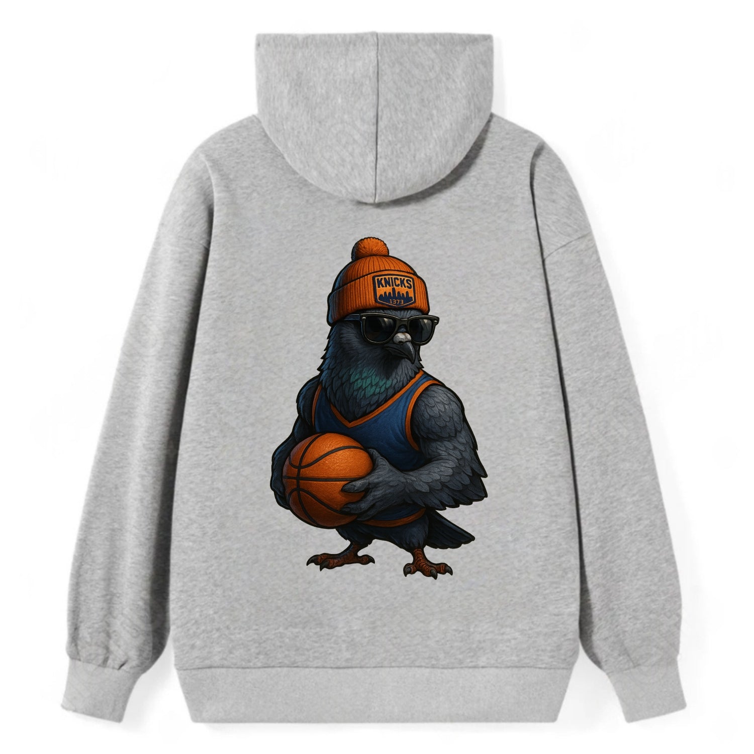 Manhattan Pigeon wearing Knicks beanie with skyline patch and wayfarer - Classic Pullover Hoodie - Grey