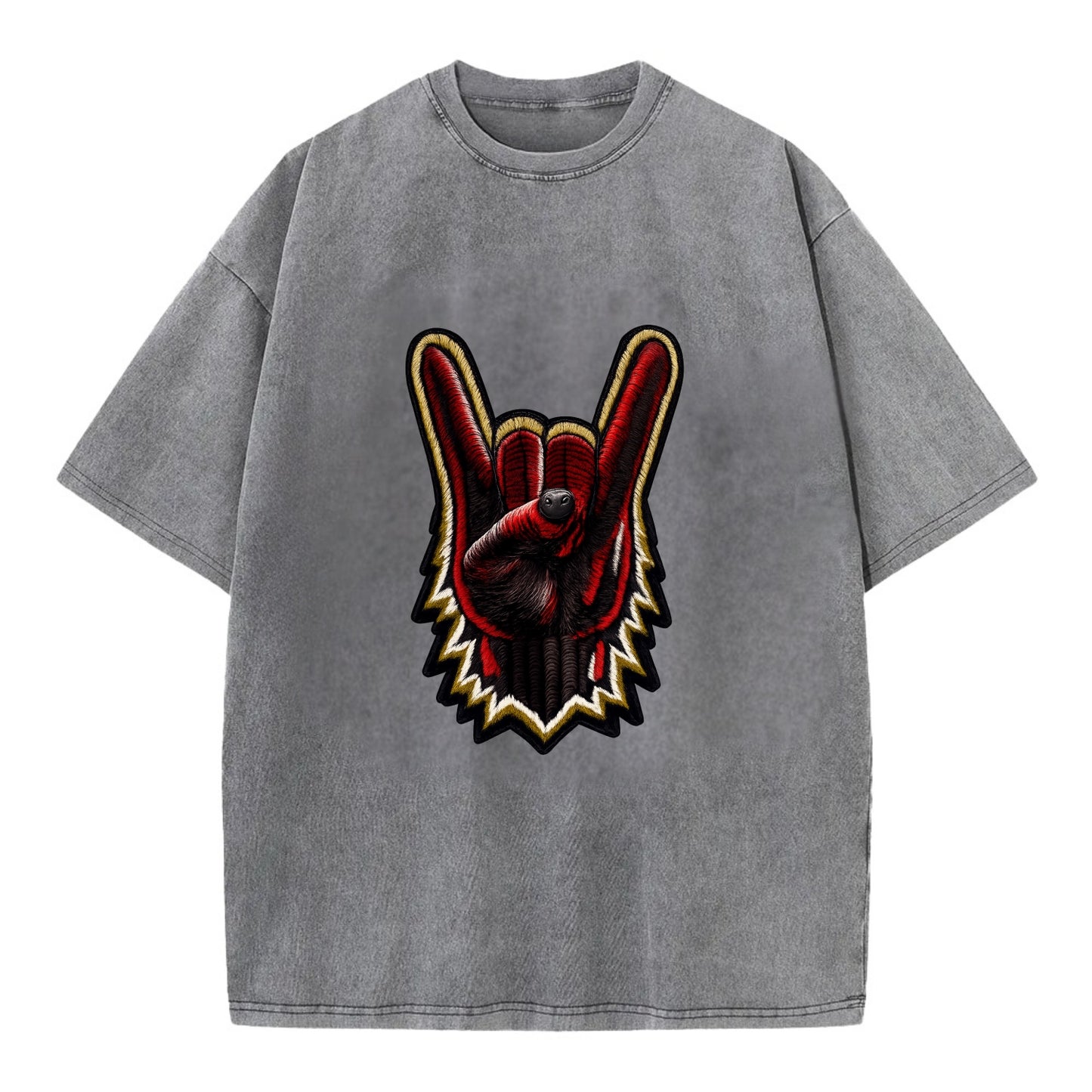 ROCK HAND HORNS - devil horns hand gesture in black and red , metal music - Vintage T-shirt - Grey