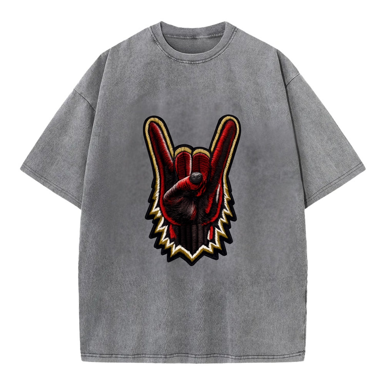 ROCK HAND HORNS - devil horns hand gesture in black and red , metal music - Vintage T-shirt - Grey