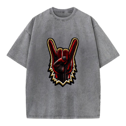 ROCK HAND HORNS - devil horns hand gesture in black and red , metal music - Vintage T-shirt - Grey