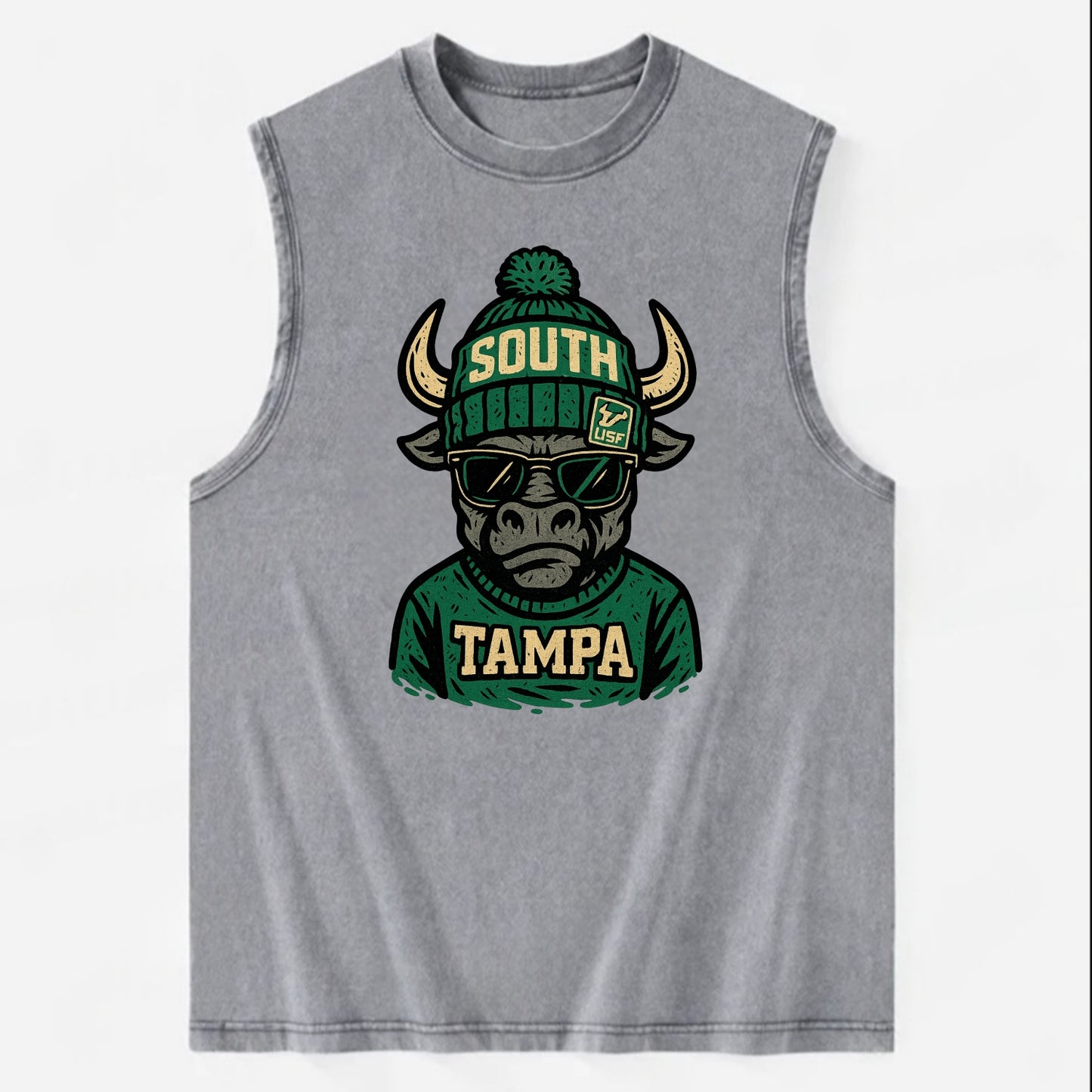 Tampa Bull wearing South Florida beanie with USF patch - Vintage Washed Tank - Grey