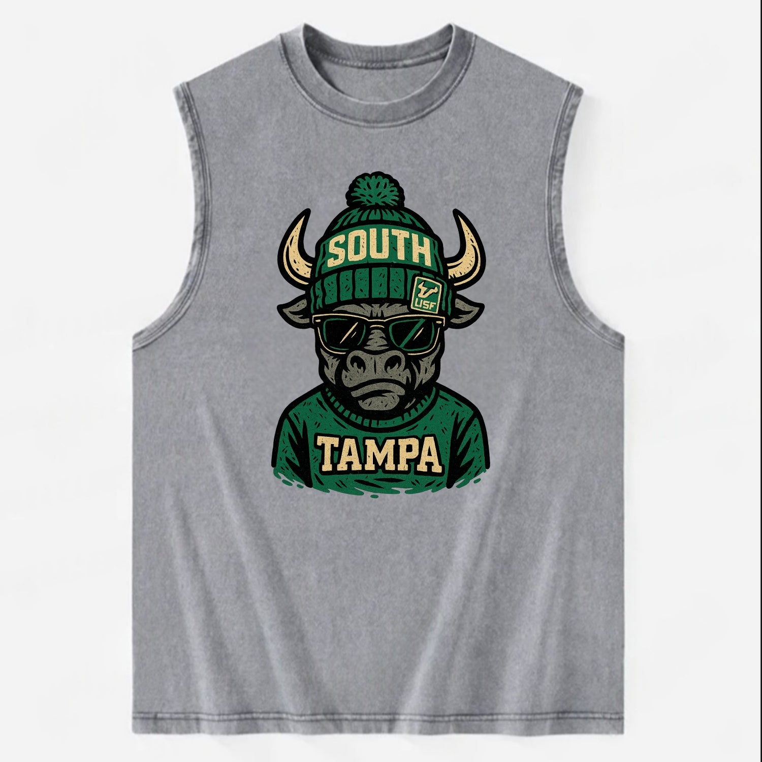 Tampa Bull wearing South Florida beanie with USF patch - Vintage Washed Tank - Grey