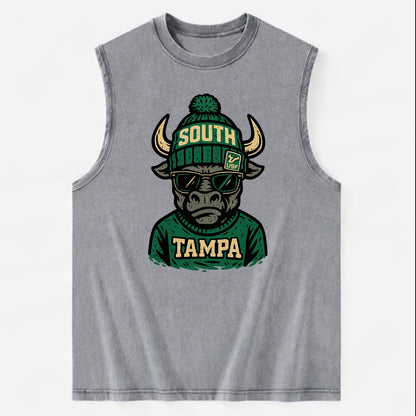 Tampa Bull wearing South Florida beanie with USF patch - Vintage Washed Tank - Grey