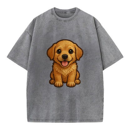 Baby Golden Retriever Puppy - fluffy golden fur, big brown eyes, pink tongue, - Vintage T-shirt - Grey