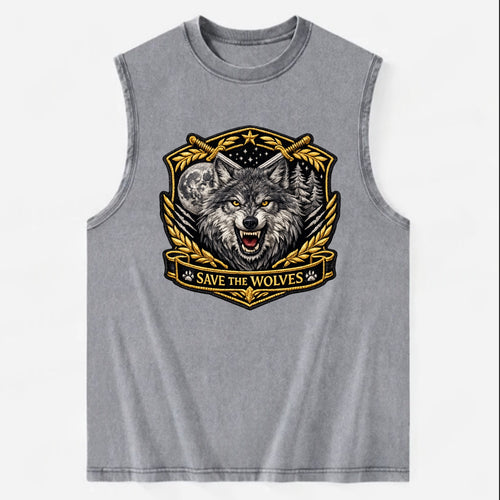 SAVE THE WOLVES - wolf moon in gray , predator protection - Vintage Washed Tank
