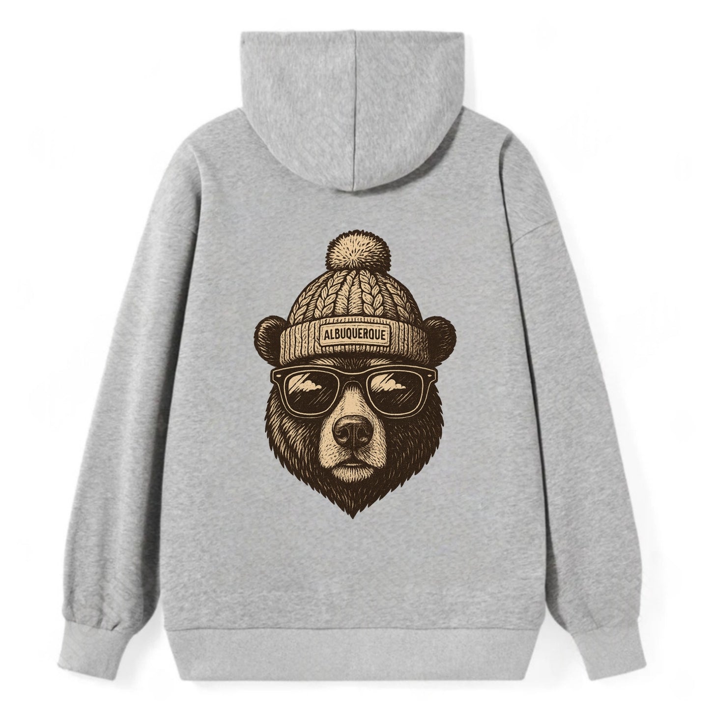 New Mexico Black Bear wearing Albuquerque beanie with pom pom and - Classic Pullover Hoodie - Grey