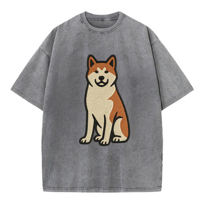 Akita - White and red sitting pose - Vin Vintage T-shirt - Grey