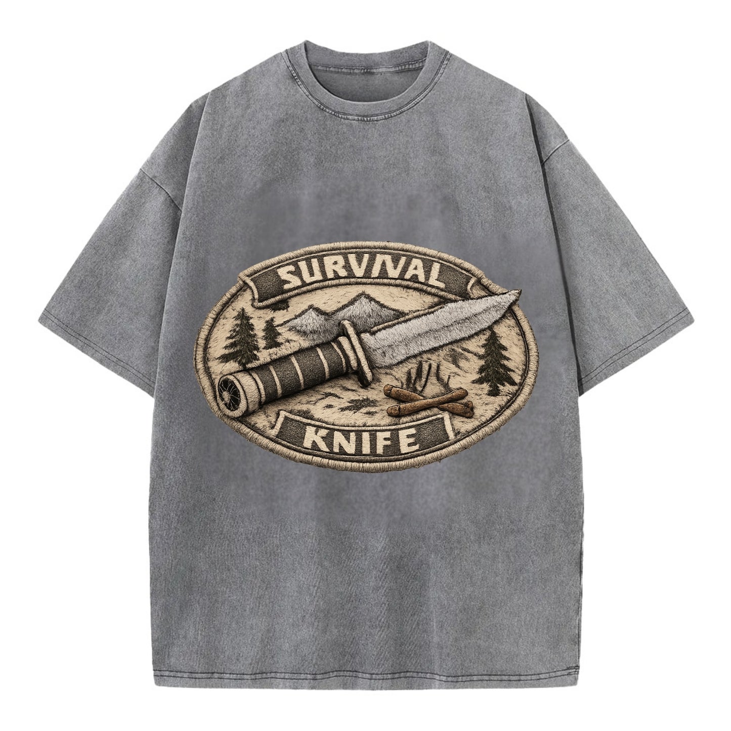 SURVIVAL KNIFE - fixed blade with compass in silver and black , bushcraft - Vintage T-shirt - Grey