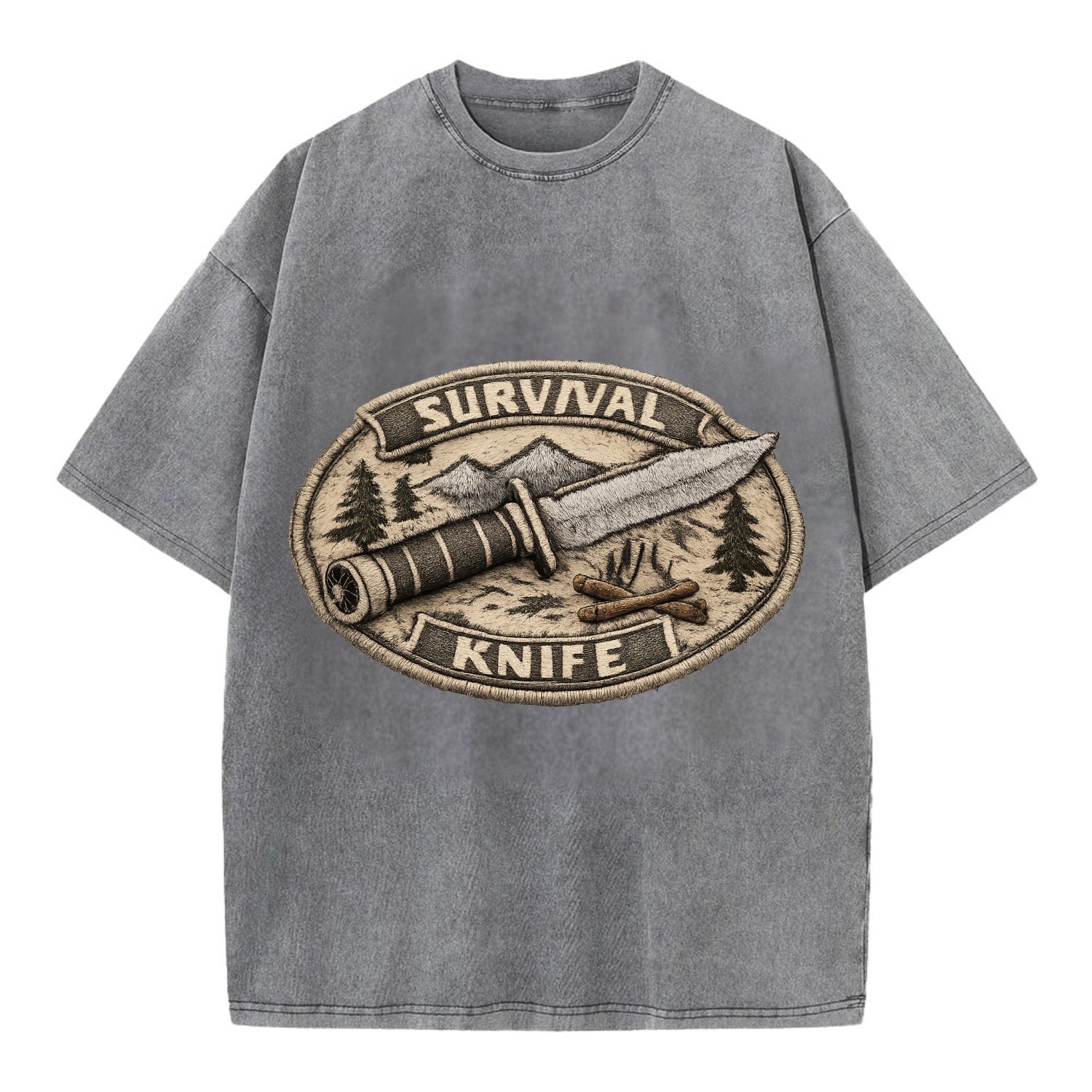 SURVIVAL KNIFE - fixed blade with compass in silver and black , bushcraft - Vintage T-shirt - Grey