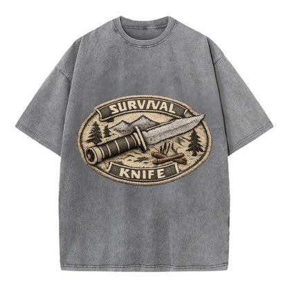 SURVIVAL KNIFE - fixed blade with compass in silver and black , bushcraft - Vintage T-shirt - Grey