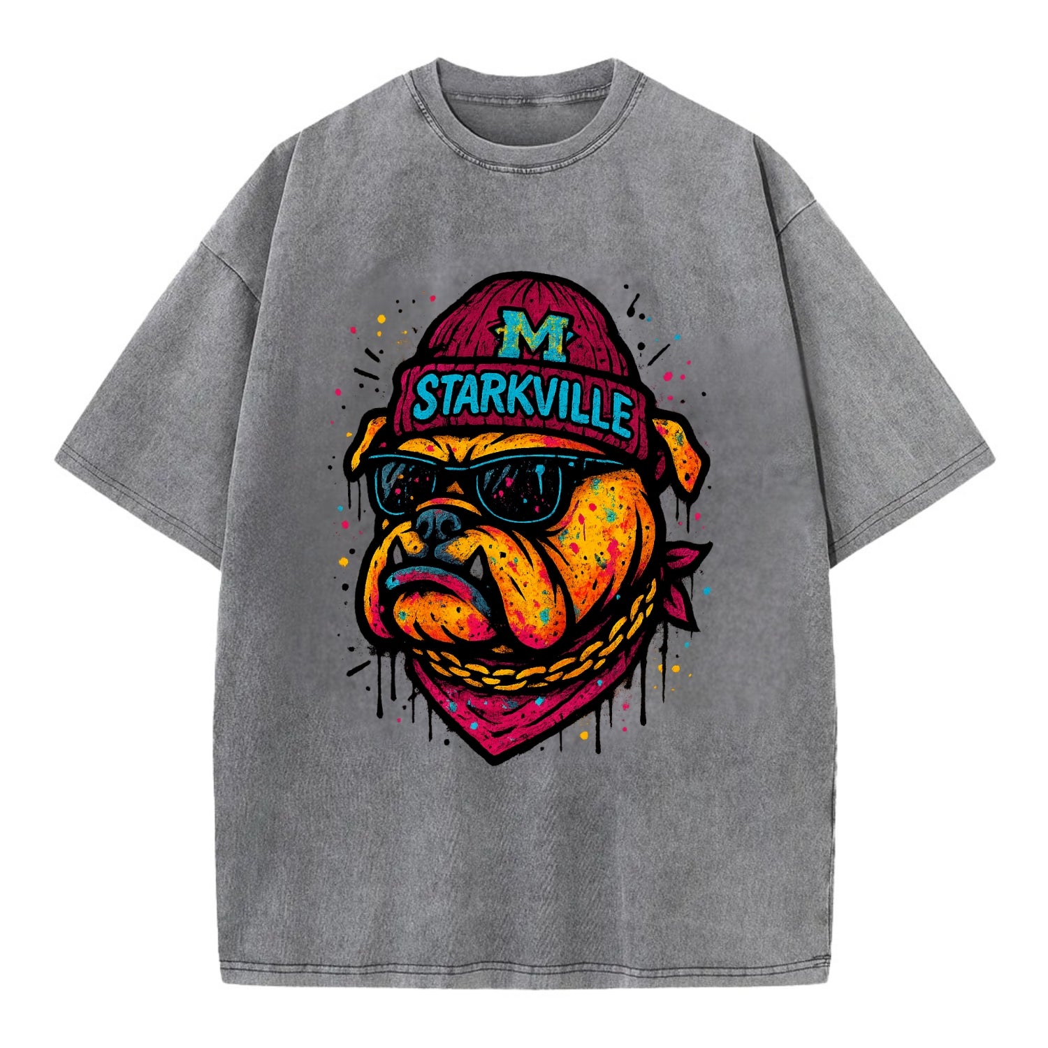 Starkville Bulldog wearing Mississippi State beanie with M patch - Vintage T-shirt - Grey