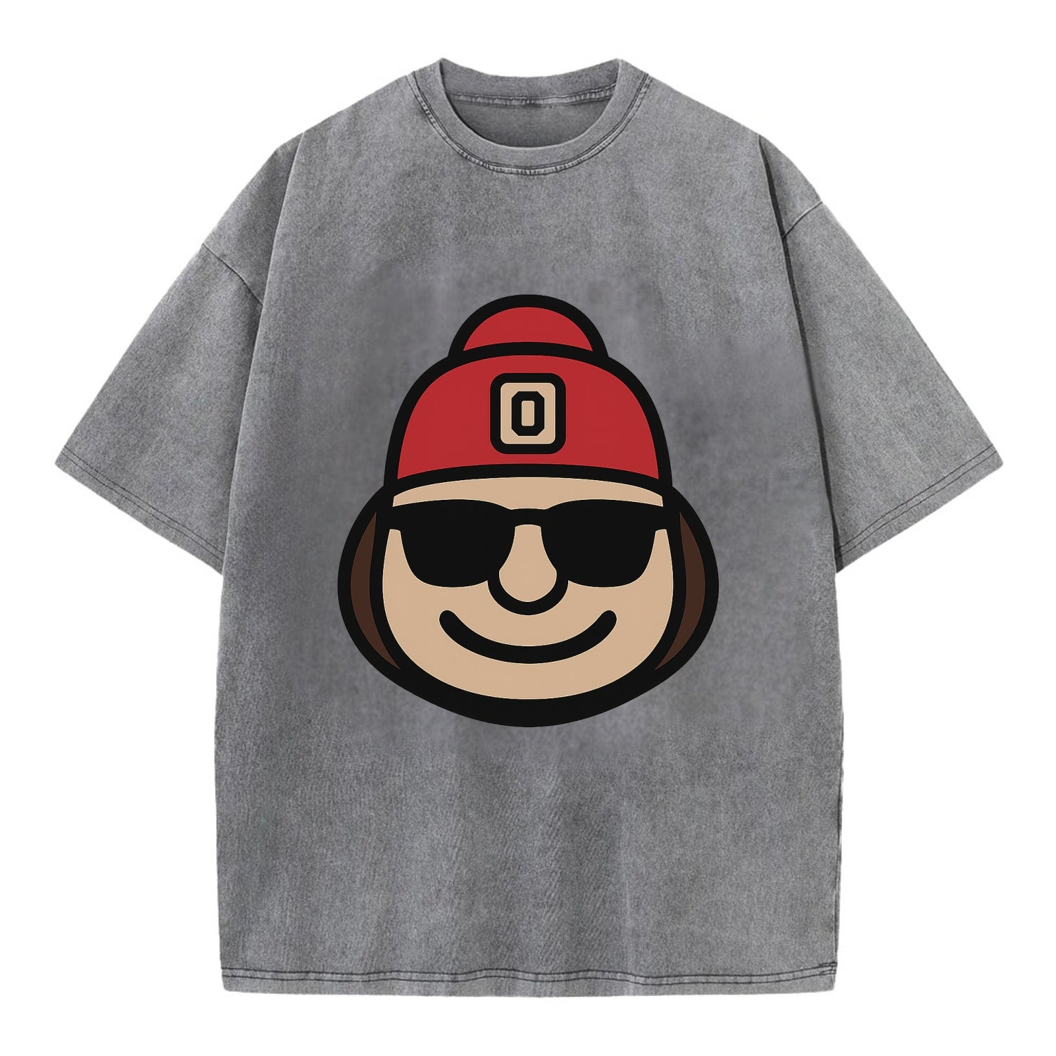 Columbus Brutus wearing Ohio State beanie with Block O patch - Vintage T-shirt - Grey