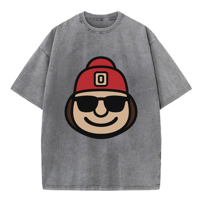 Columbus Brutus wearing Ohio State beanie with Block O patch - Vintage T-shirt - Grey